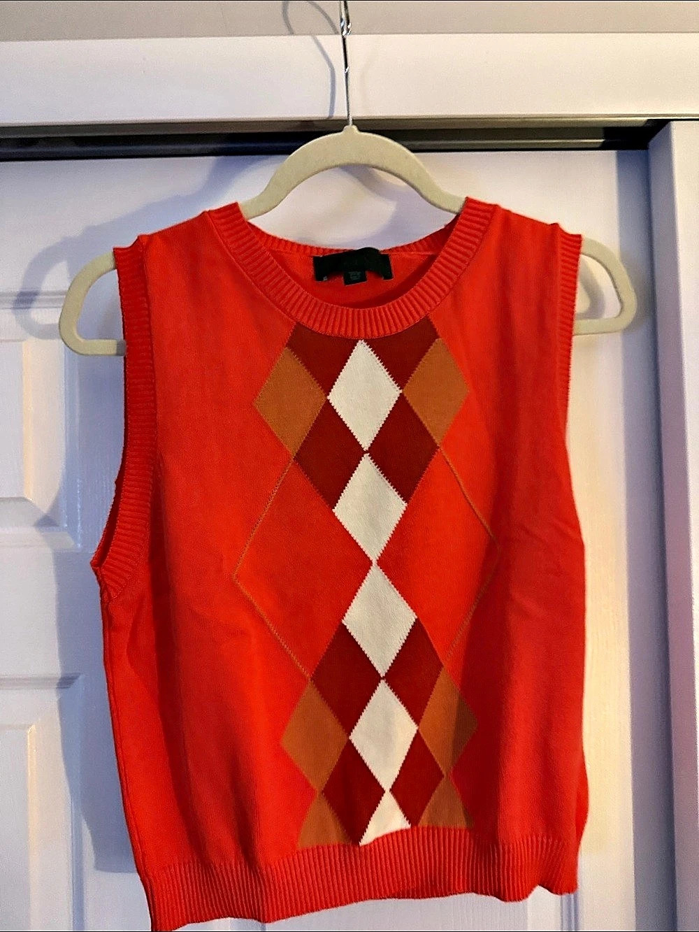 Zara Bright Orange Crewneck Argyle Sweater Vest Women's Cotton Argyle Vest Size